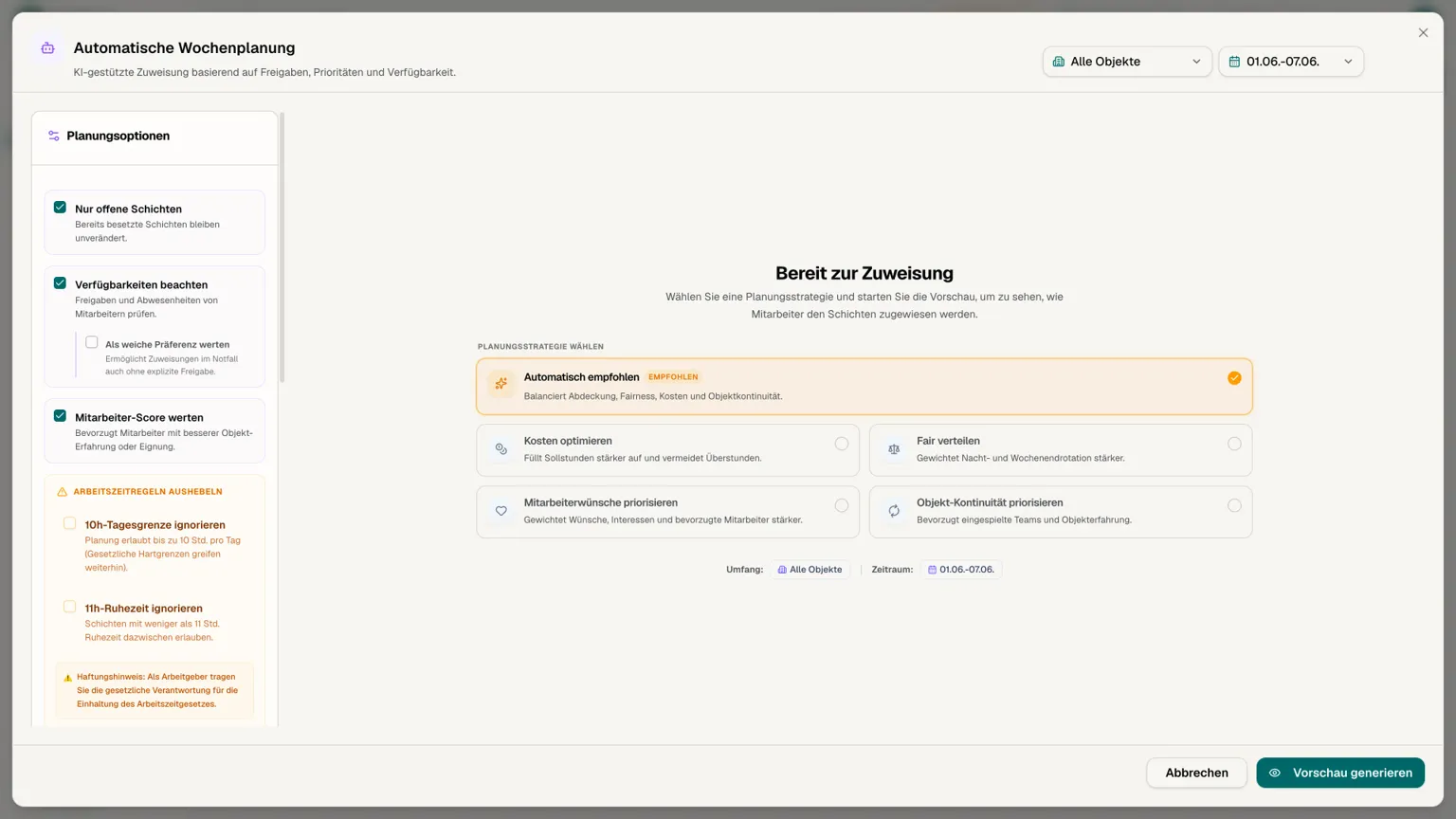 SecPlaner automatische Wochenplanung mit Planungsoptionen und Strategien