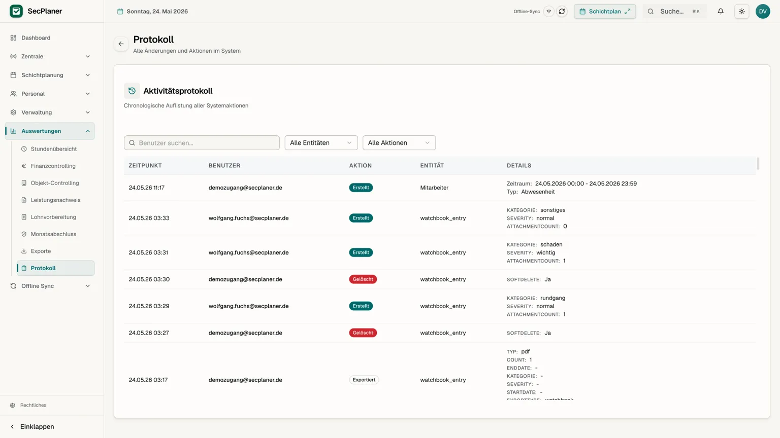 SecPlaner Audit-Log mit Aktivitätsprotokoll