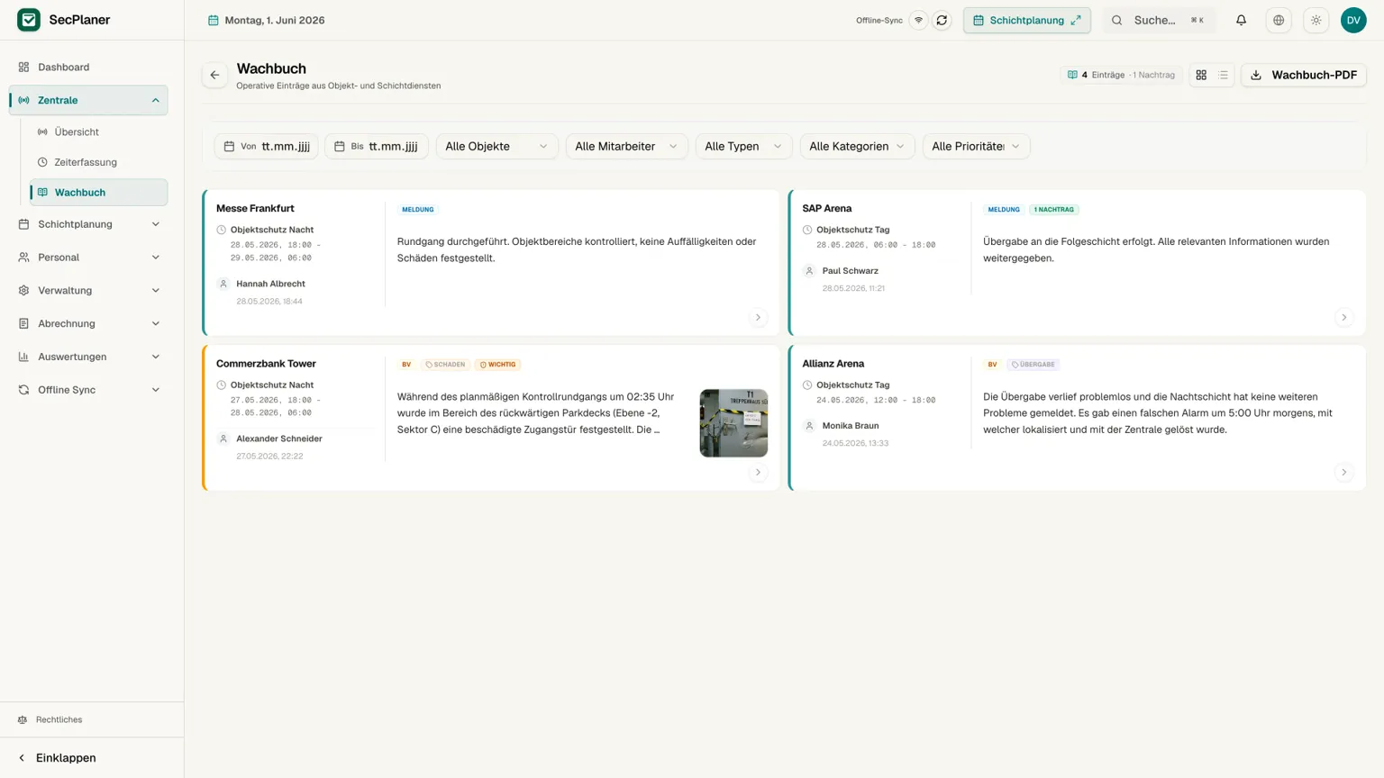SecPlaner digitales Wachbuch mit Meldungen aus den Objekten