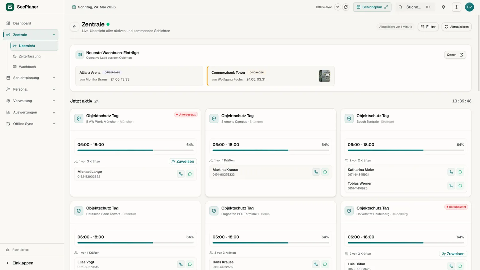 SecPlaner Tageslage mit Live-Zeiterfassung und Wachbuch