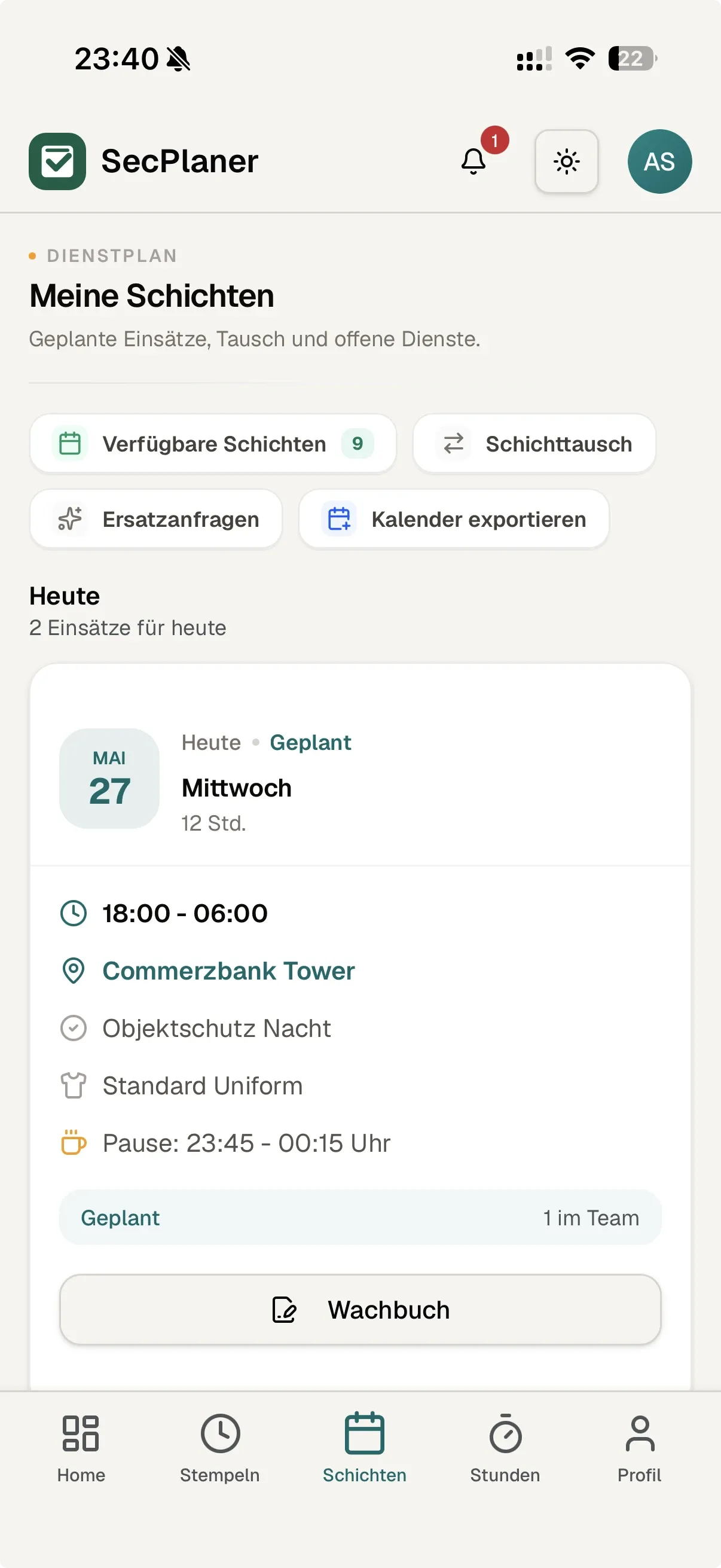SecPlaner Mitarbeiter-App mit Dienstplan und Wachbuch